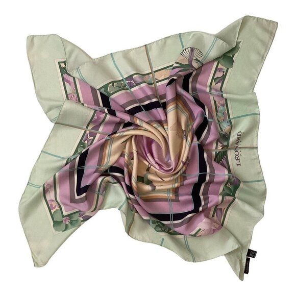 LÉONARD PARIS Purple Floral BIRD Print Scarf Silk Italy 34.5"-33.5" EX COND - Picture 2 of 11